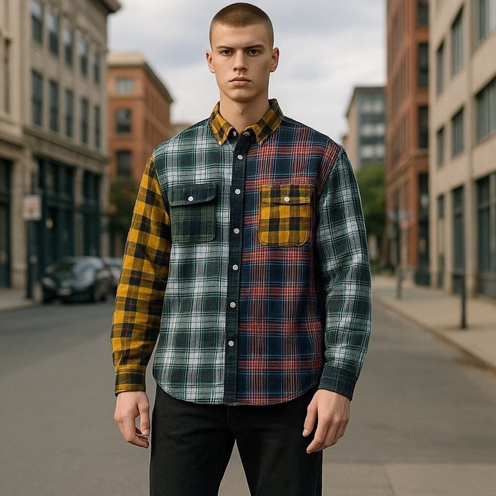 American Eagle Patchwork‎ Button Shirt M Skater Grunge Farmcore Cabincore Rustic